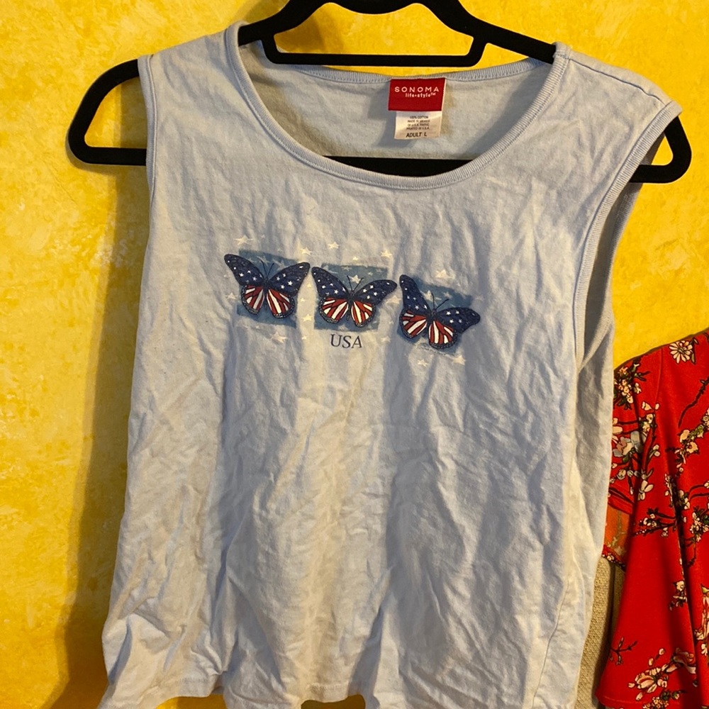 Sonoma USA Butterfly Tank Top Light Blue American Flag Large